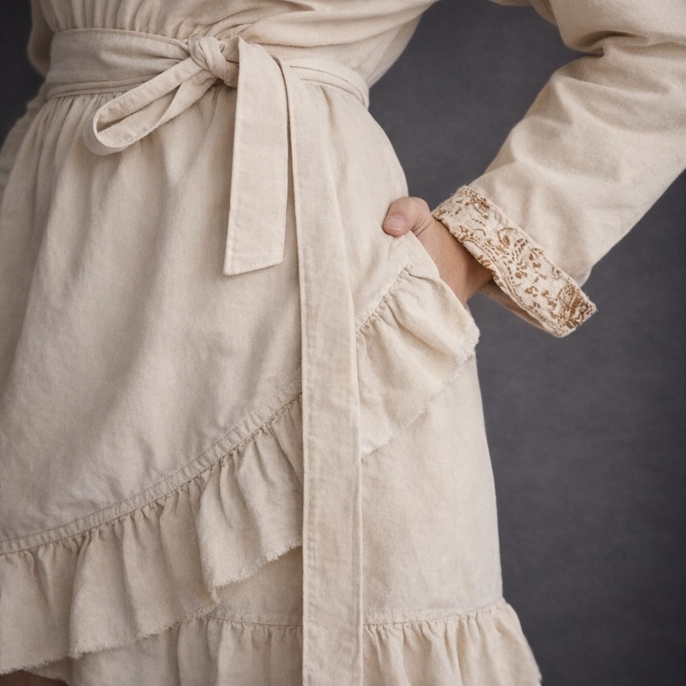 Pilcro Anthropologie Cream Boho Mini Dress Tie Waist Ruffle Hem XS - Picture 3 of 15